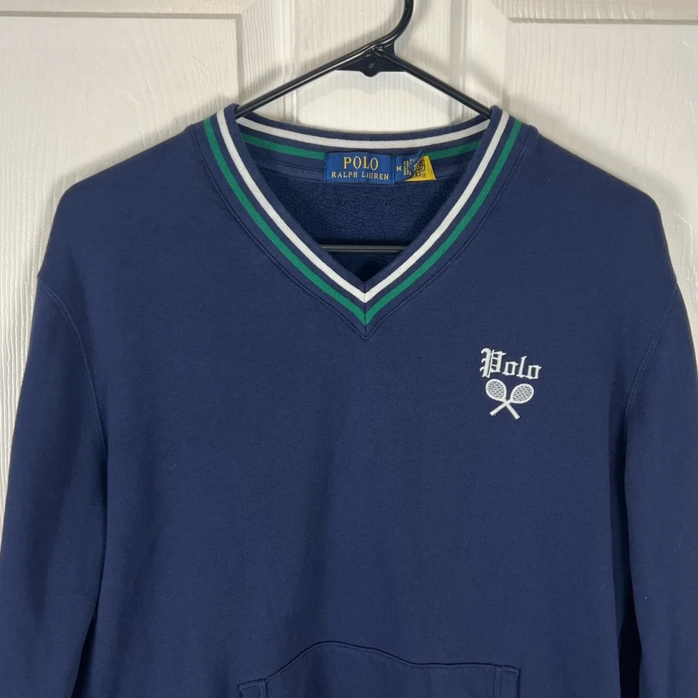 Polo Ralph Lauren striped trim fleece v neck tennis embroidered sweatshirt M